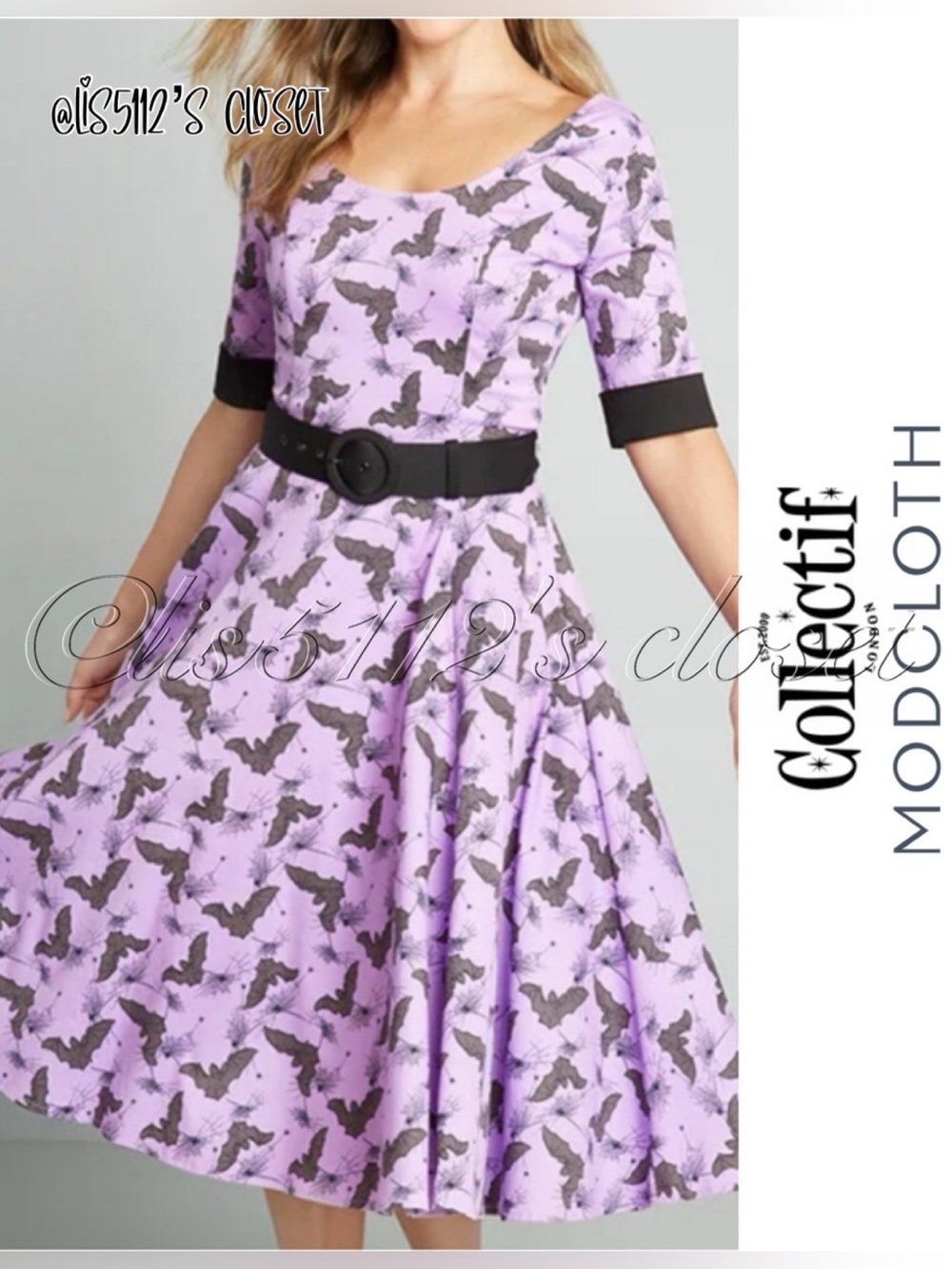 ModCloth x Collectif Oh So Fearful and Bright Bats Swing Dress in Lilac Sz US 14